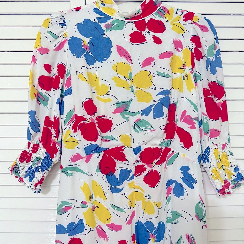 Rixo white Floral multicolored Mock Neck Cascade Ruffle Dress short sleeves sz 6 - Picture 4 of 16